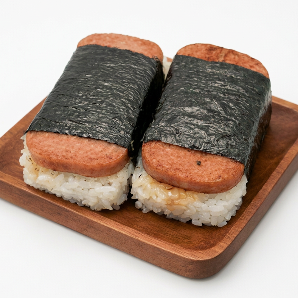 Two Spam musubi with grilled luncheon meat, rice, and nori seaweed sit on a wooden serving board.