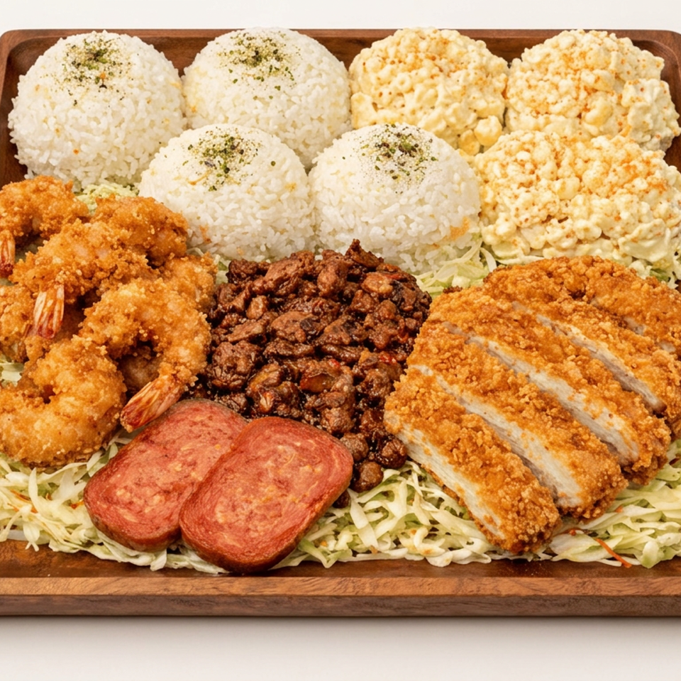 Wooden platter featuring rice balls, fried shrimp, breaded chicken, beans, sausage, macaroni salad, and shredded cabbage.