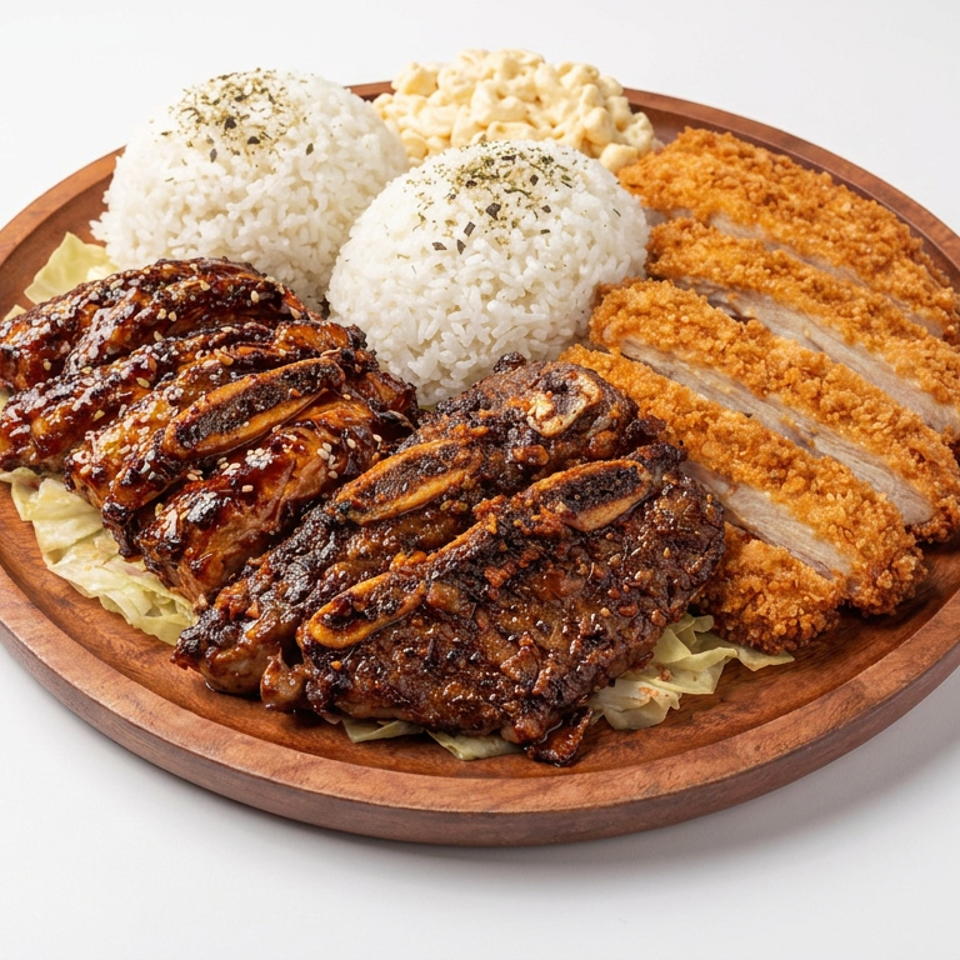 Wooden platter featuring glazed grilled chicken, crispy breaded cutlets, two rice mounds, macaroni salad, and shredded lettuce.