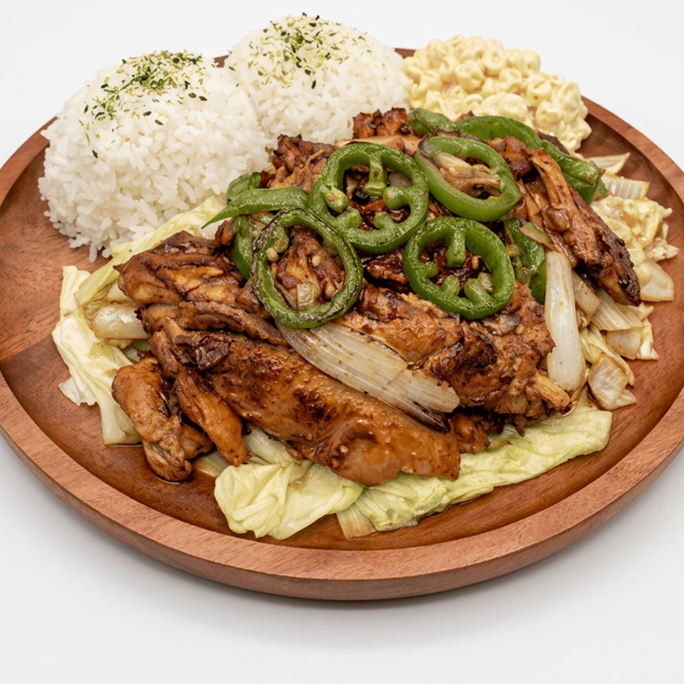 Wooden platter of grilled chicken and vegetables topped with sliced green peppers, served with white rice and macaroni salad.