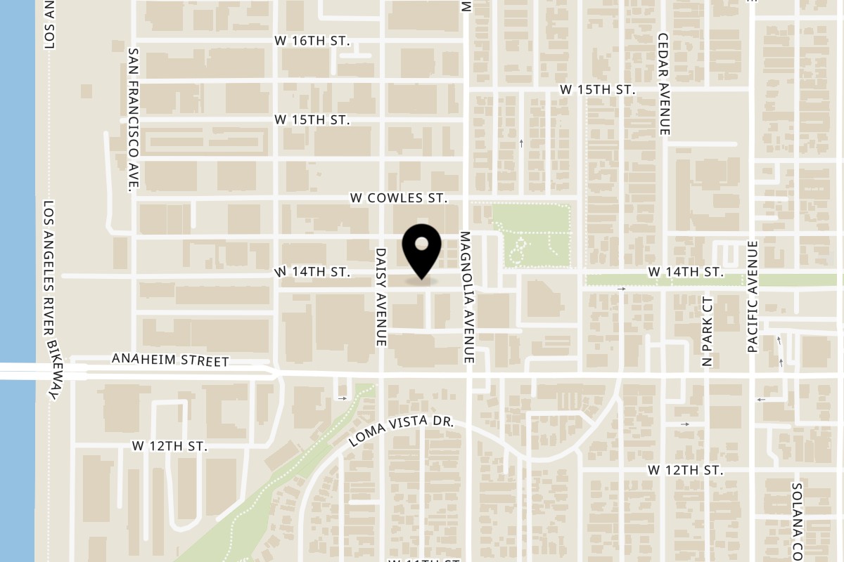 Map showing the location of AHI Hawaiian BBQ Long Beach on 1388 Daisy Ave in Long Beach